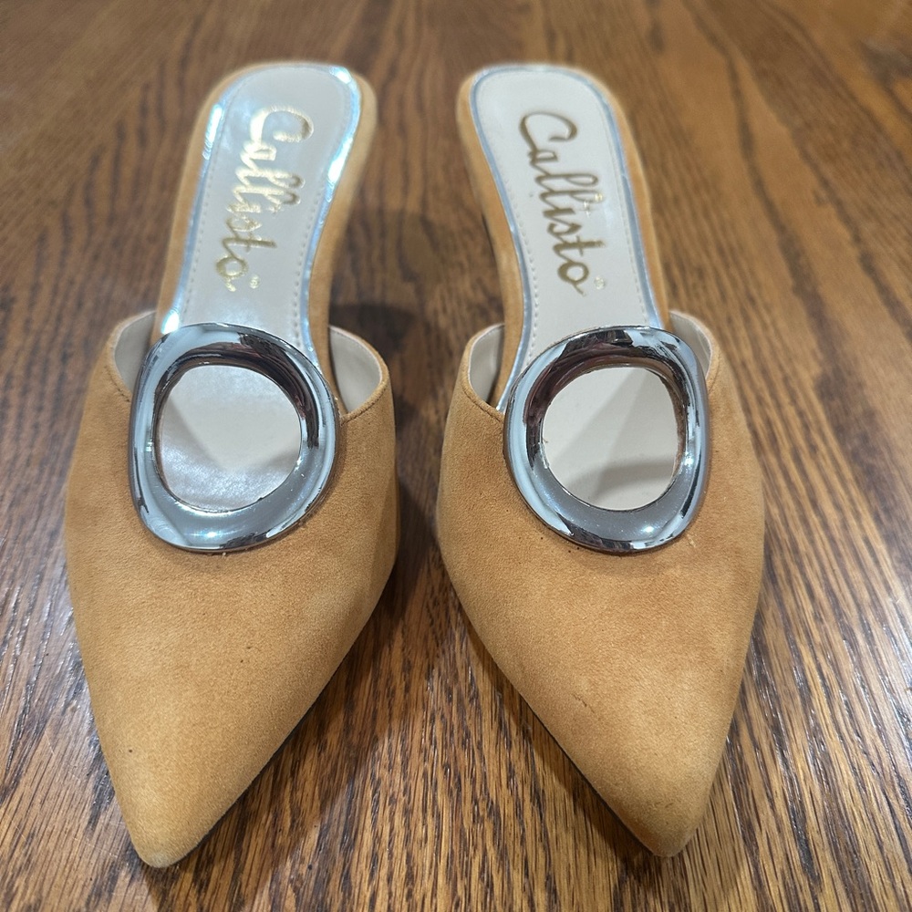 Callisto Tan Mules with Silver Detail